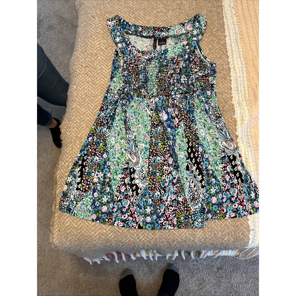 New Directions Dress Womens Large Multi Color Floral Smocked Midi Sleeveless